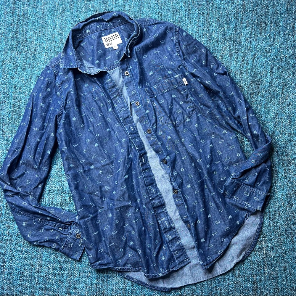 Vans Lightweight Denim Button Up Shirt with Camping Print Design Women Medium